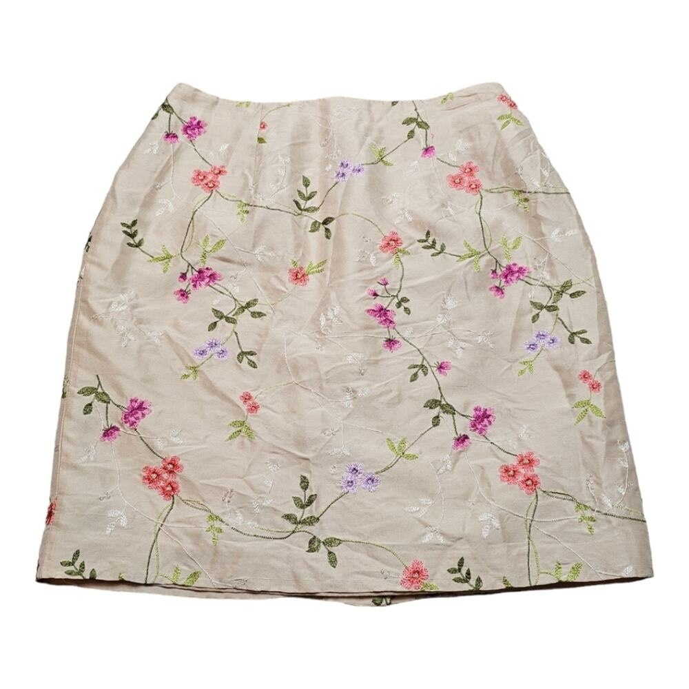 SILK Club Collection 100% Silk Embellished Floral Skirt 6 Petite